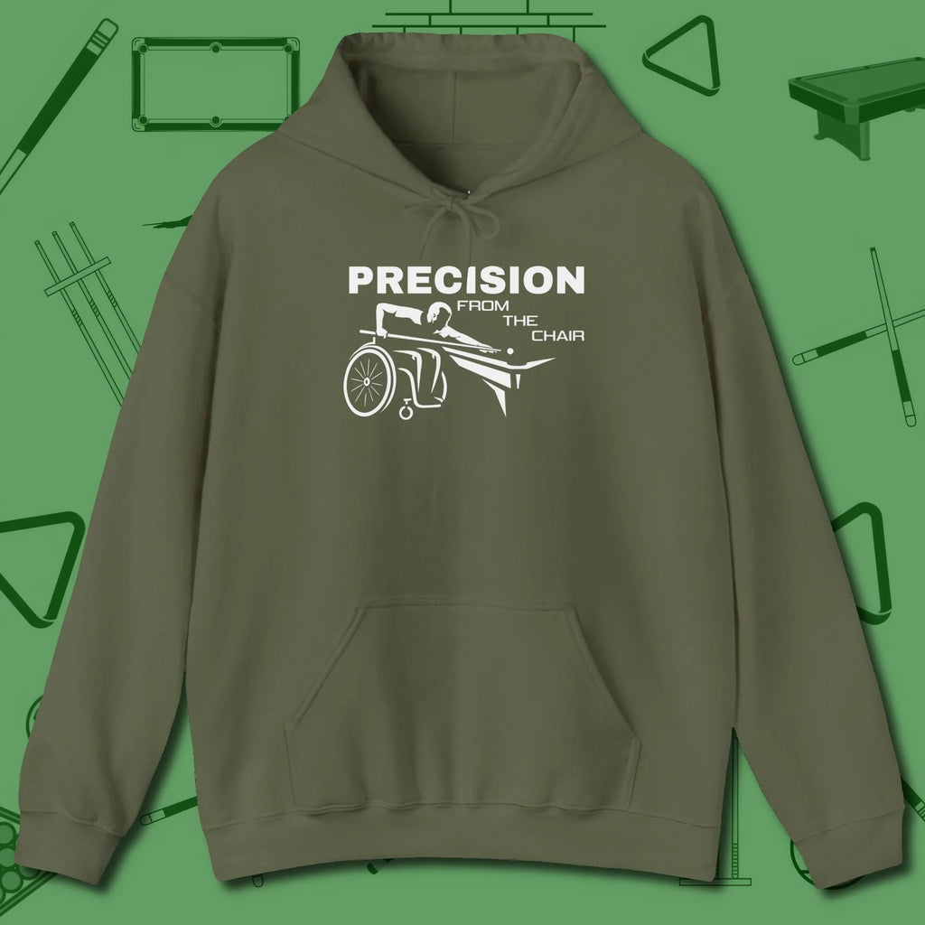 Precision from the Chair Wheelchair Hoodie, front view, in Military Green perfect for players with quiet fire