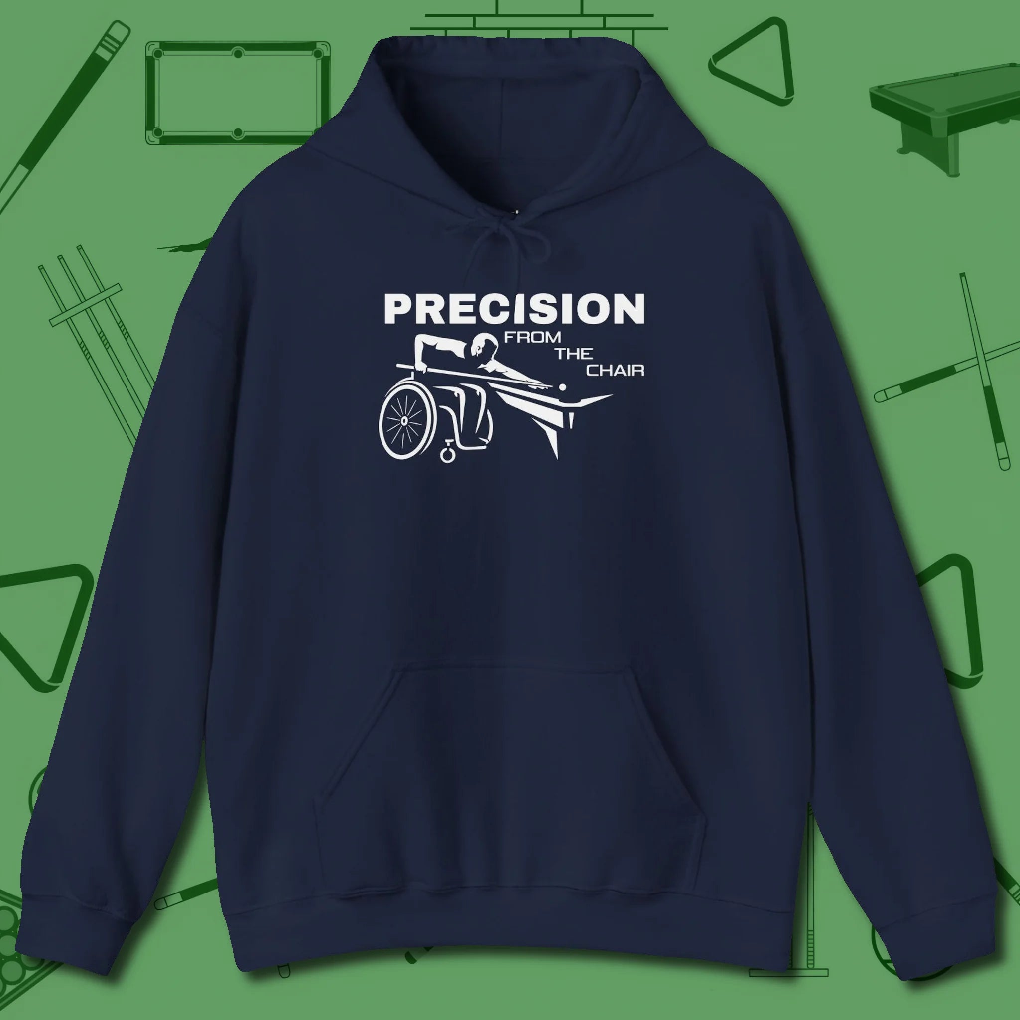 Precision from the Chair Wheelchair Hoodie, front view, in Navy an extension of your pool persona