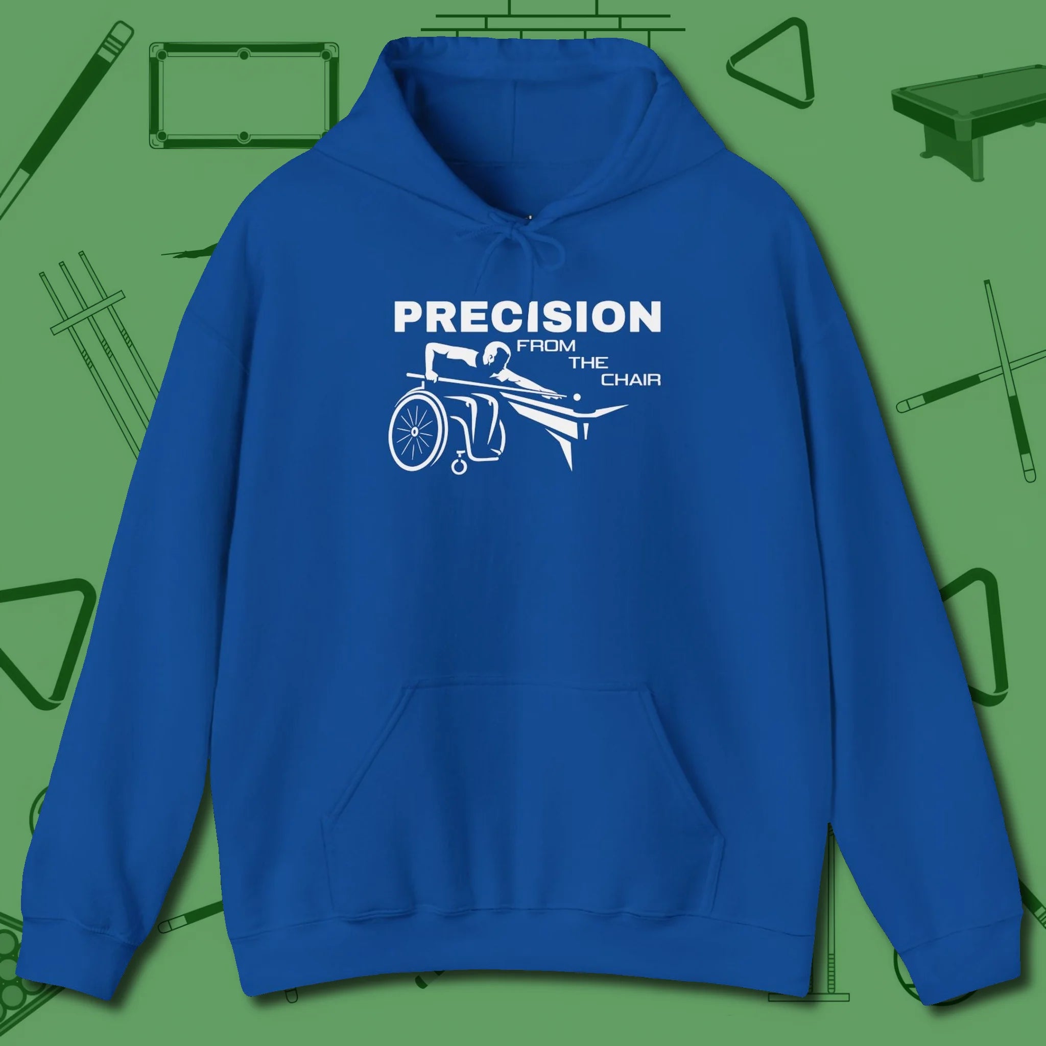 Precision from the Chair Wheelchair Hoodie, front view, in Royal an extension of your pool persona