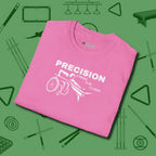 Precision from the Chair Wheelchair T-Shirt, folded view, in Azalea stitched for cue discipline and cool confidence