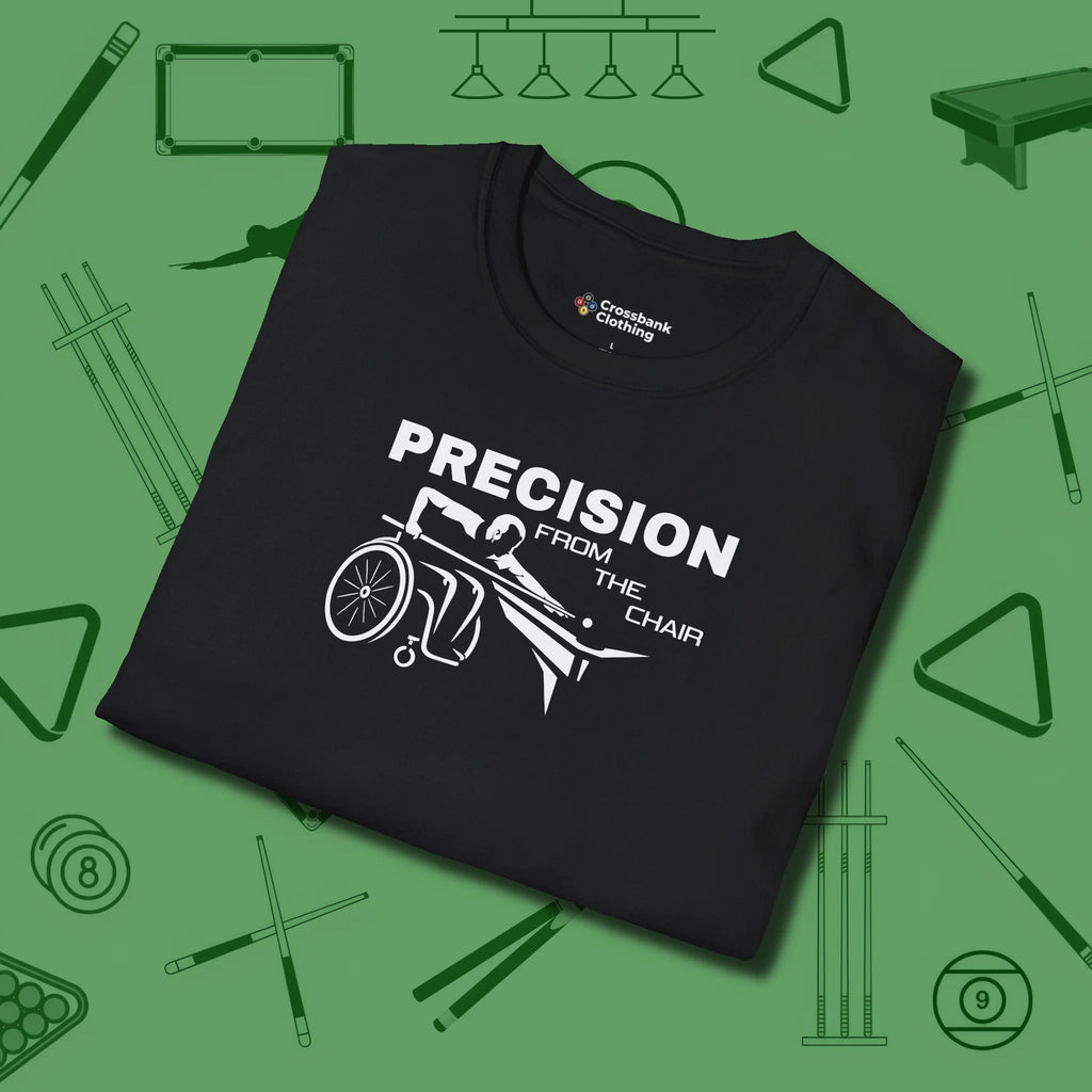 Precision from the Chair Wheelchair T-Shirt, folded view, in Black style that banks as hard as you do