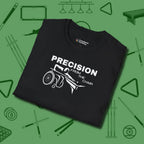 Precision from the Chair Wheelchair T-Shirt, folded view, in Black style that banks as hard as you do
