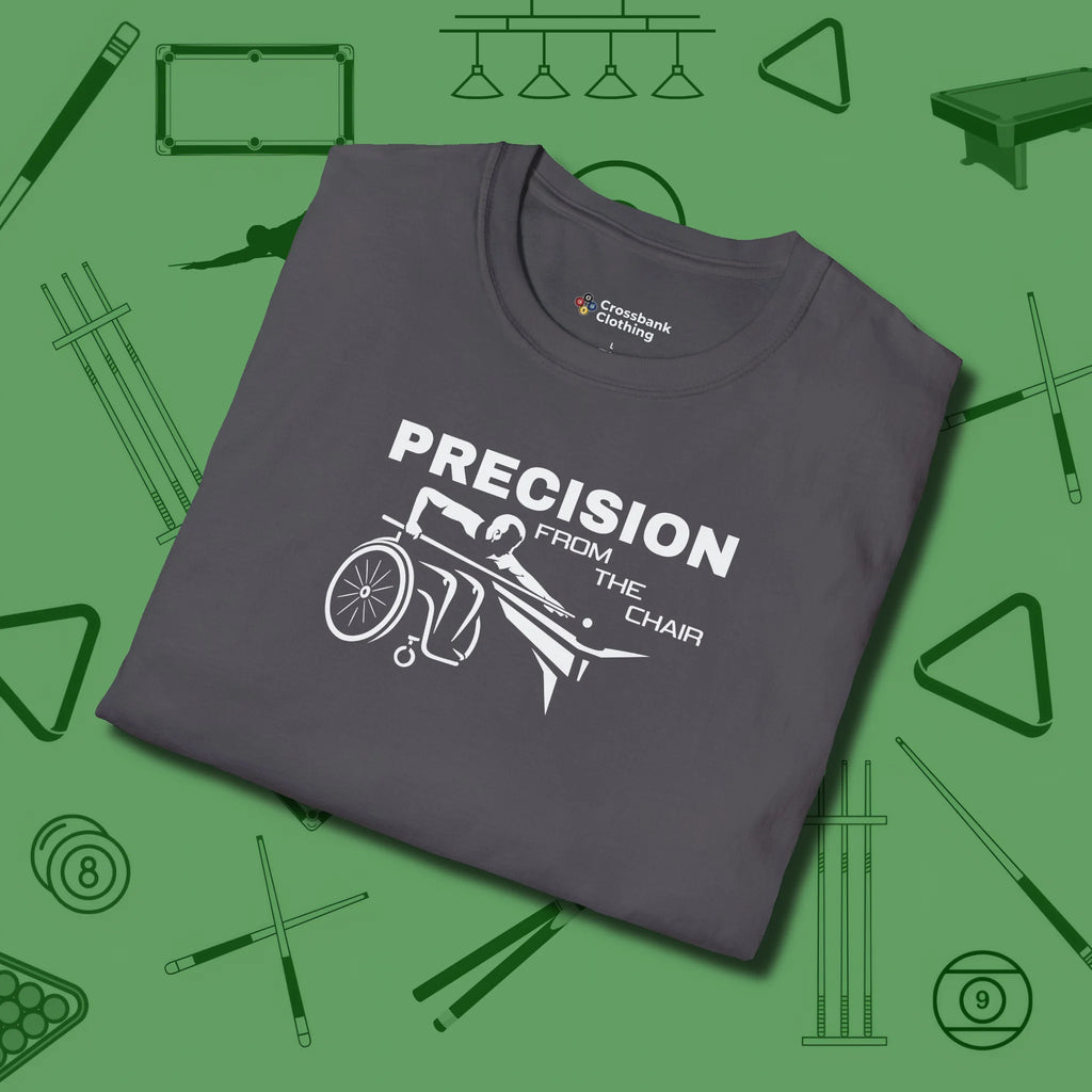 Precision from the Chair Wheelchair T-Shirt, folded view, in Charcoal break, run out, turn heads — repeat