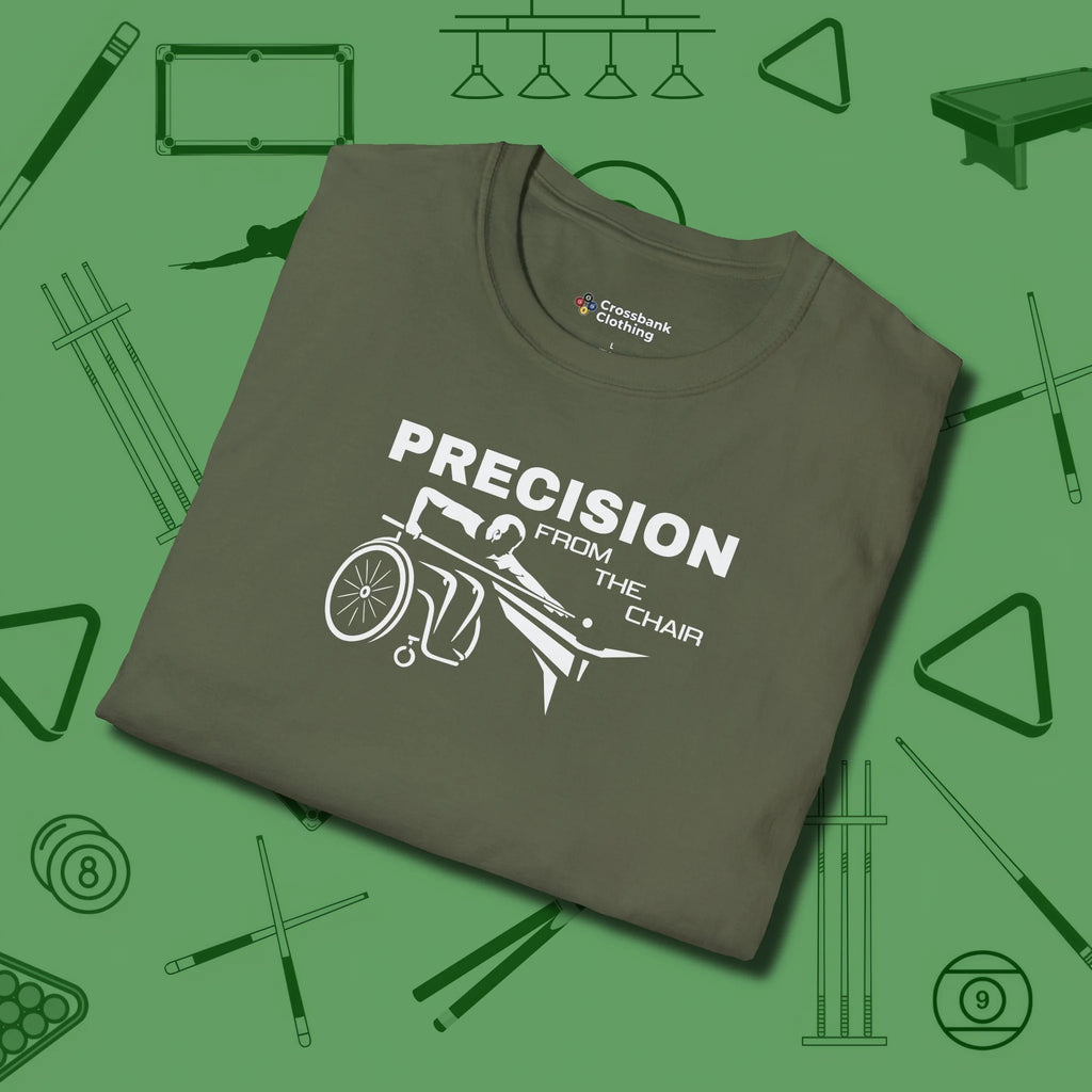 Precision from the Chair Wheelchair T-Shirt, folded view, in Military Green where cue control meets personal style