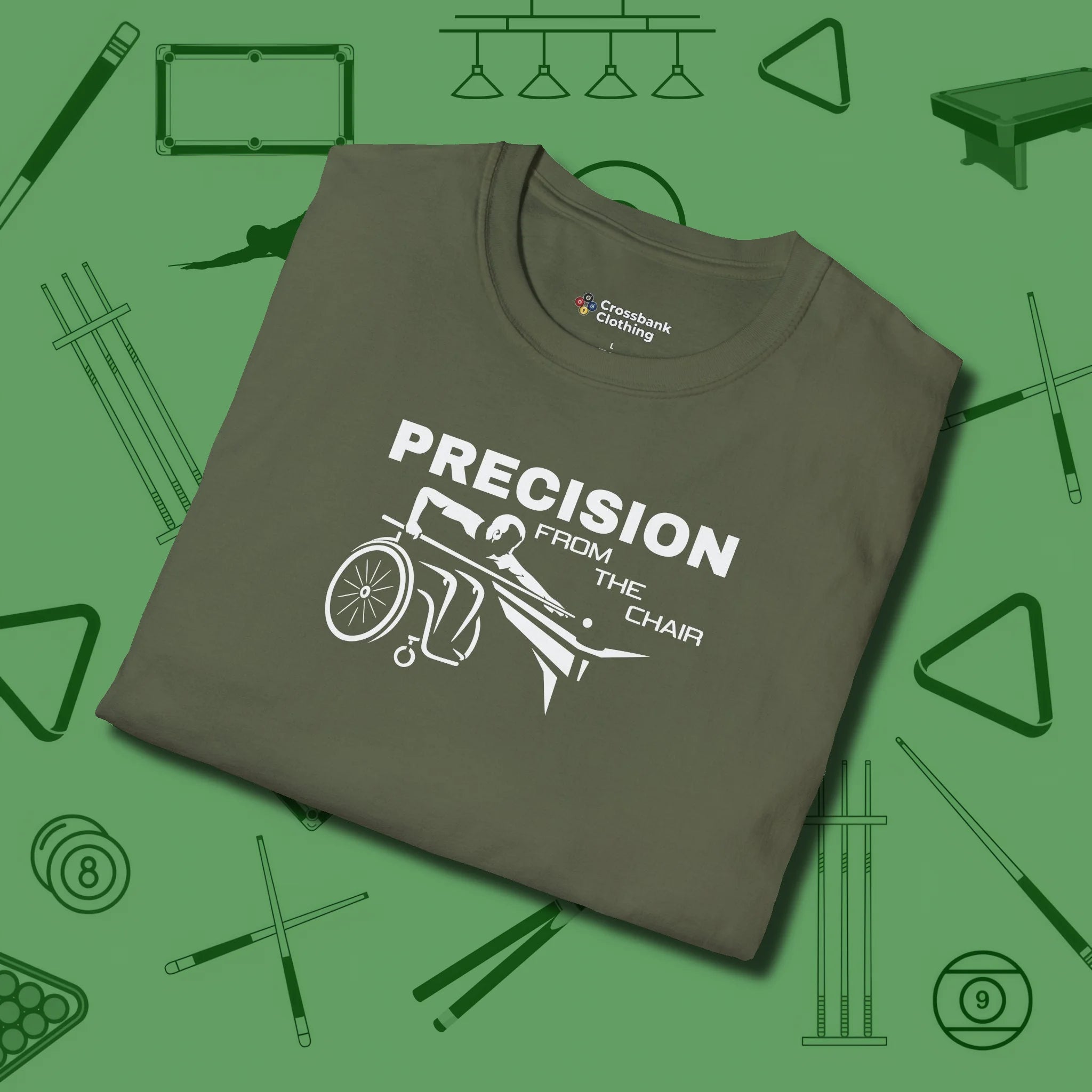 Precision from the Chair Wheelchair T-Shirt, folded view, in Military Green where cue control meets personal style