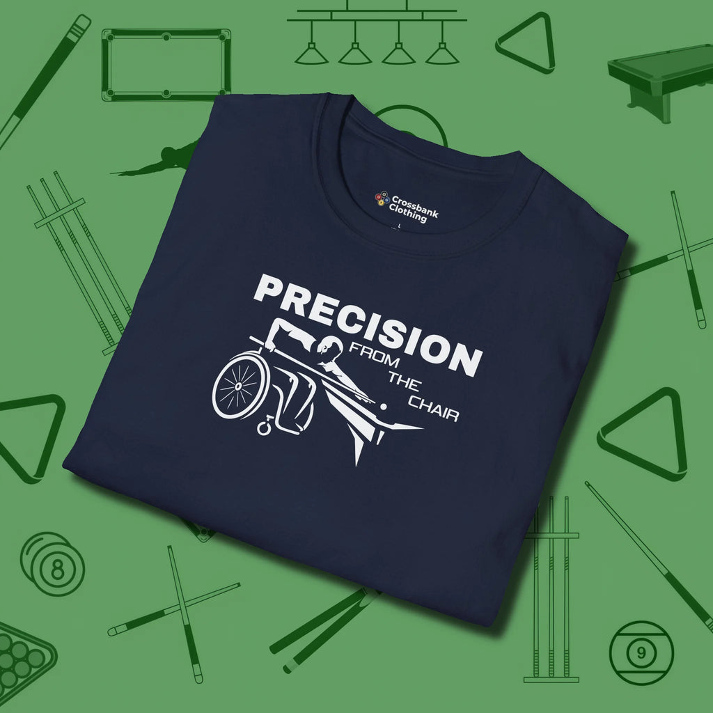 Precision from the Chair Wheelchair T-Shirt, folded view, in Navy look good while calling your pocket