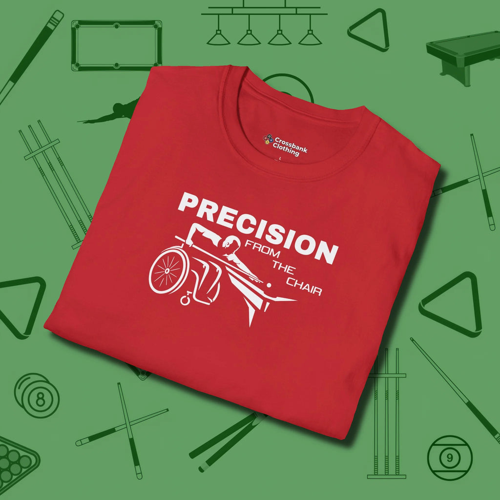 Precision from the Chair Wheelchair T-Shirt, folded view, in Red an extension of your pool persona