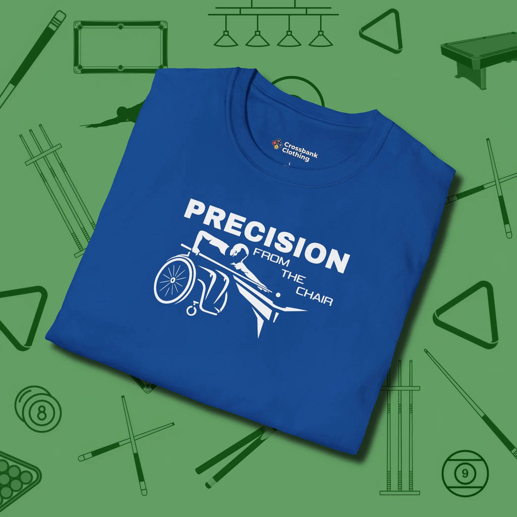 Precision from the Chair Wheelchair T-Shirt, folded view, in Royal the official uniform of the after-hours crew