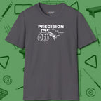 Precision from the Chair Wheelchair T-Shirt, front view, in Charcoal confidence stitched in every seam