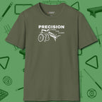 Precision from the Chair Wheelchair T-Shirt, front view, in Military Green poolroom style with tournament attitude
