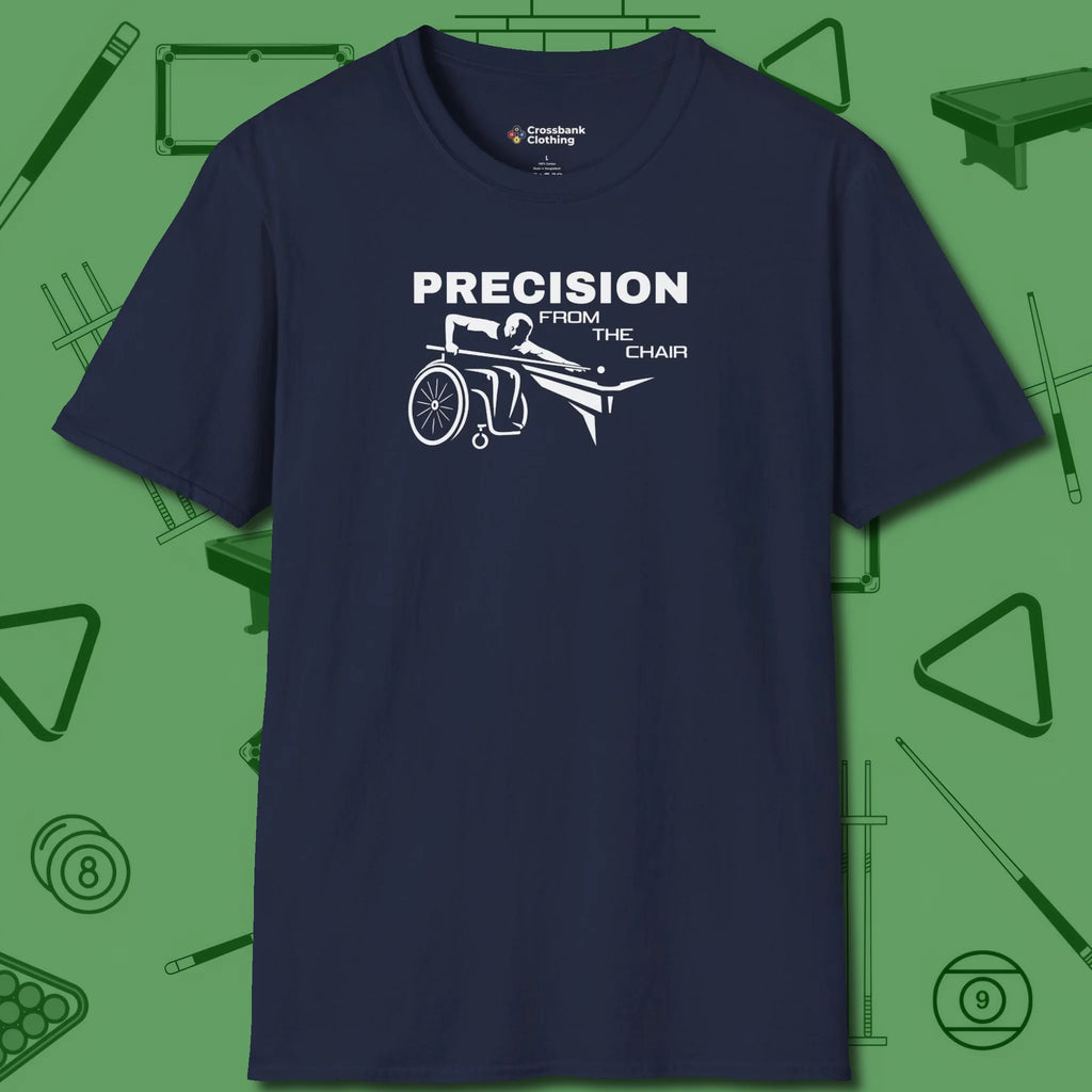 Precision from the Chair Wheelchair T-Shirt, front view, in Navy attitude built for the long haul