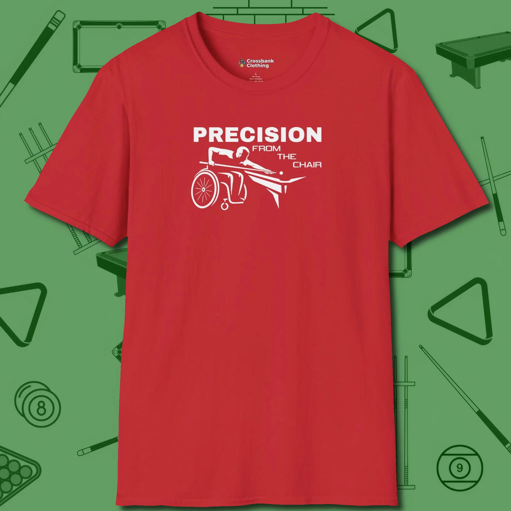 Precision from the Chair Wheelchair T-Shirt, front view, in Red because pool isn’t just a game — it’s who you are