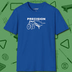 Precision from the Chair Wheelchair T-Shirt, front view, in Royal cue up respect every time you wear it