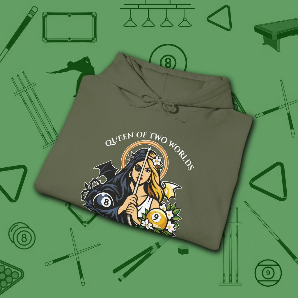 Queen of Two Worlds Billiards Hoodie, in Military Green color, pool hoodie, folded view