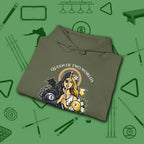 Queen of Two Worlds Billiards Hoodie, in Military Green color, pool hoodie, folded view