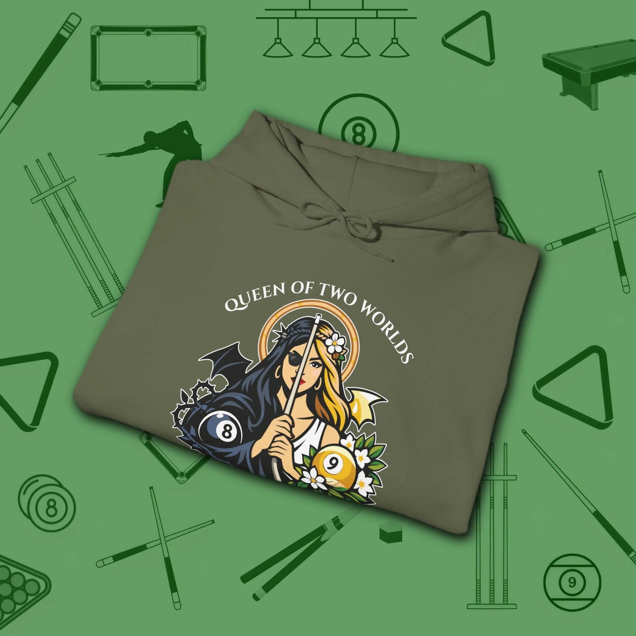 Queen of Two Worlds Billiards Hoodie, in Military Green color, pool hoodie, folded view