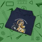 Queen of Two Worlds Billiards Hoodie, in Navy color, pool hoodie, folded view
