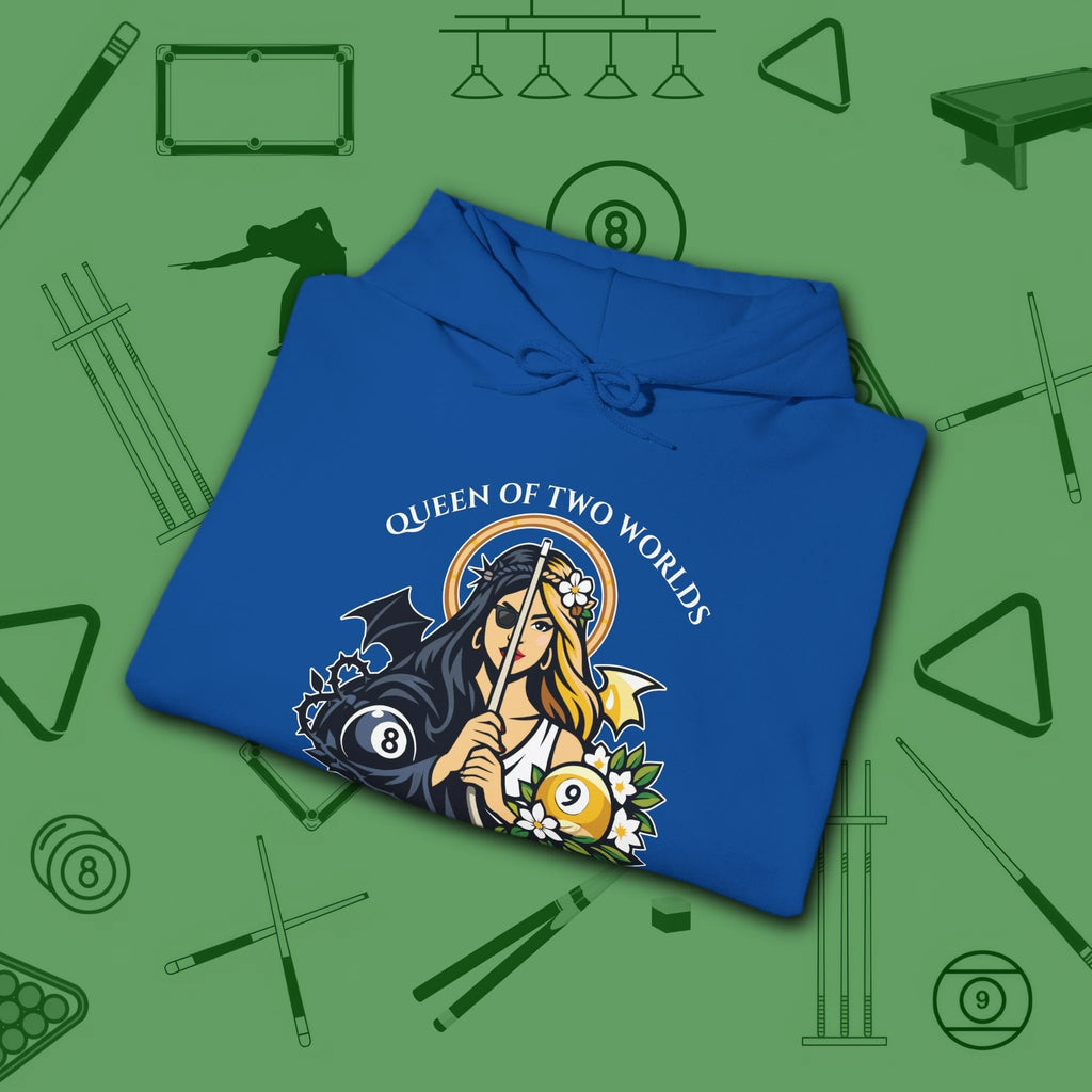Queen of Two Worlds Billiards Hoodie, in Royal color, pool hoodie, folded view