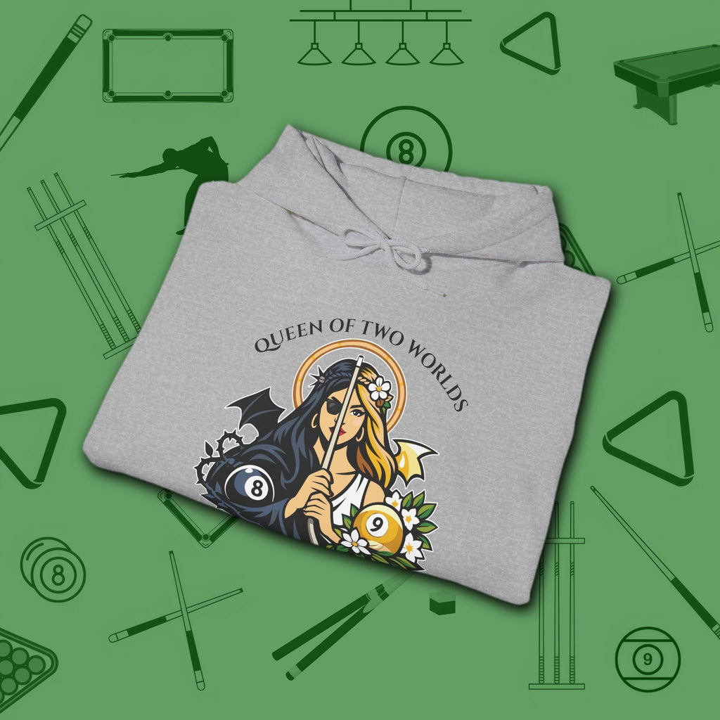 Queen of Two Worlds Billiards Hoodie, in Sport Grey color, pool hoodie, folded view