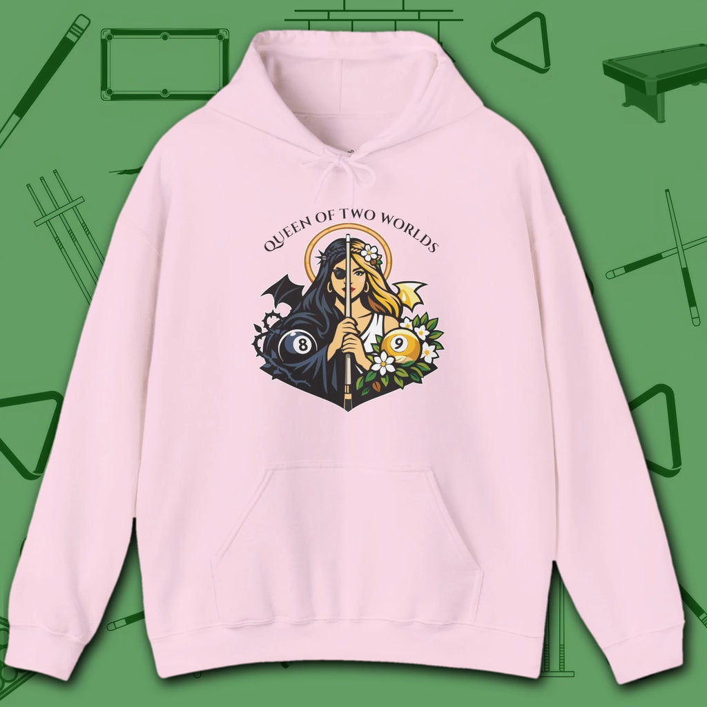 Queen of Two Worlds Billiards Hoodie, in Light Pink color, pool hoodie, front view