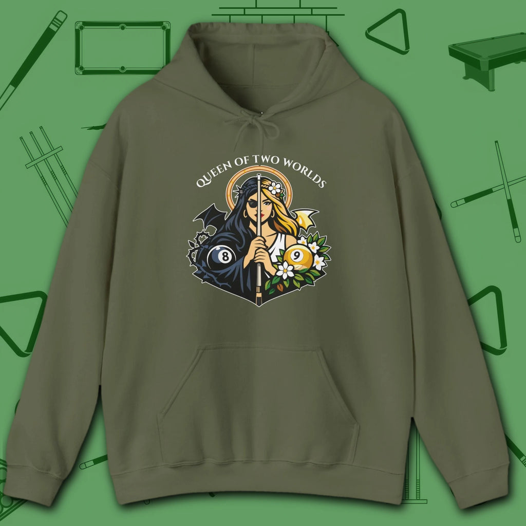 Queen of Two Worlds Billiards Hoodie, in Military Green color, pool hoodie, front view
