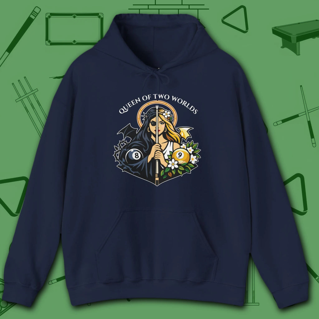 Queen of Two Worlds Billiards Hoodie, in Navy color, pool hoodie, front view