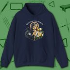 Queen of Two Worlds Billiards Hoodie, in Navy color, pool hoodie, front view