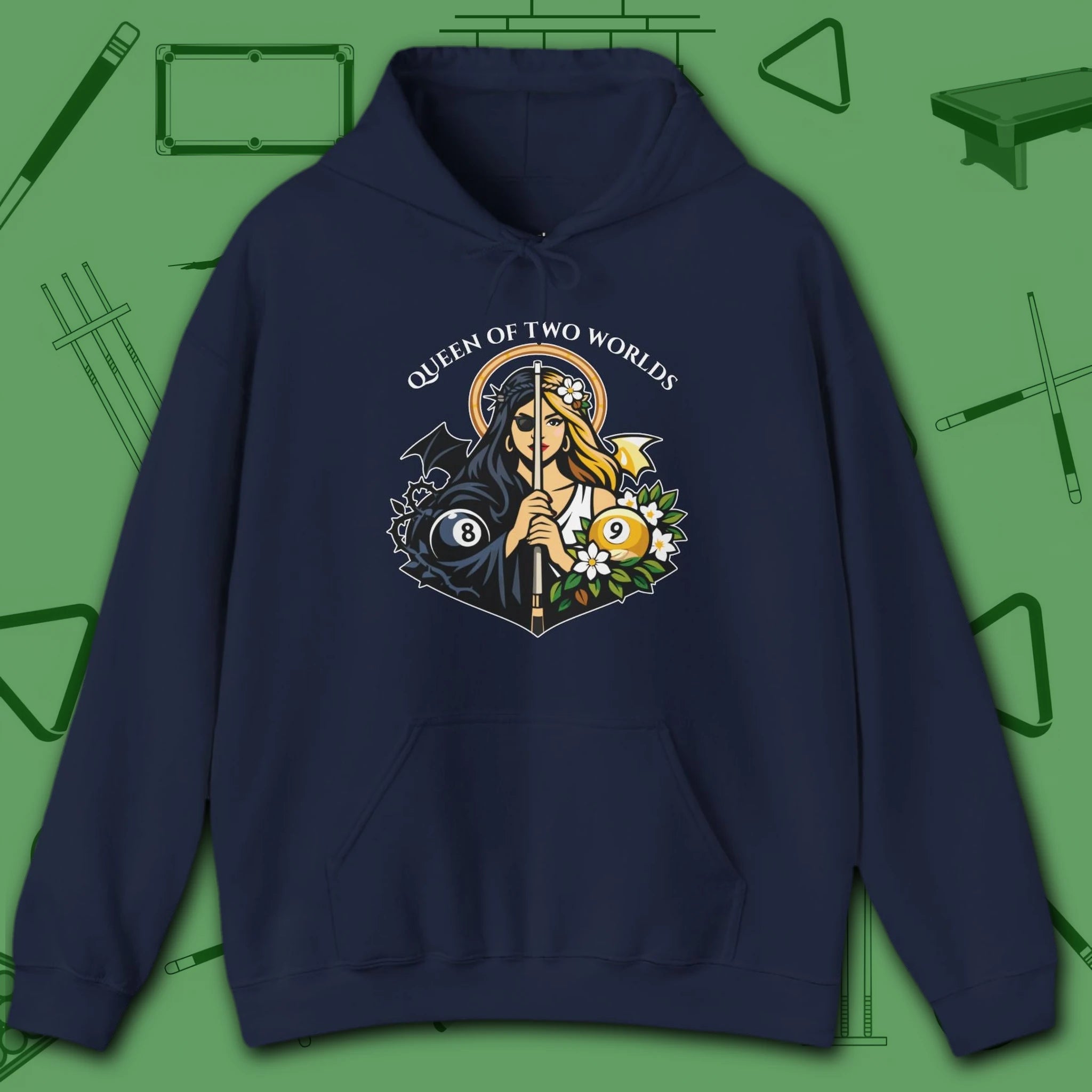 Queen of Two Worlds Billiards Hoodie, in Navy color, pool hoodie, front view