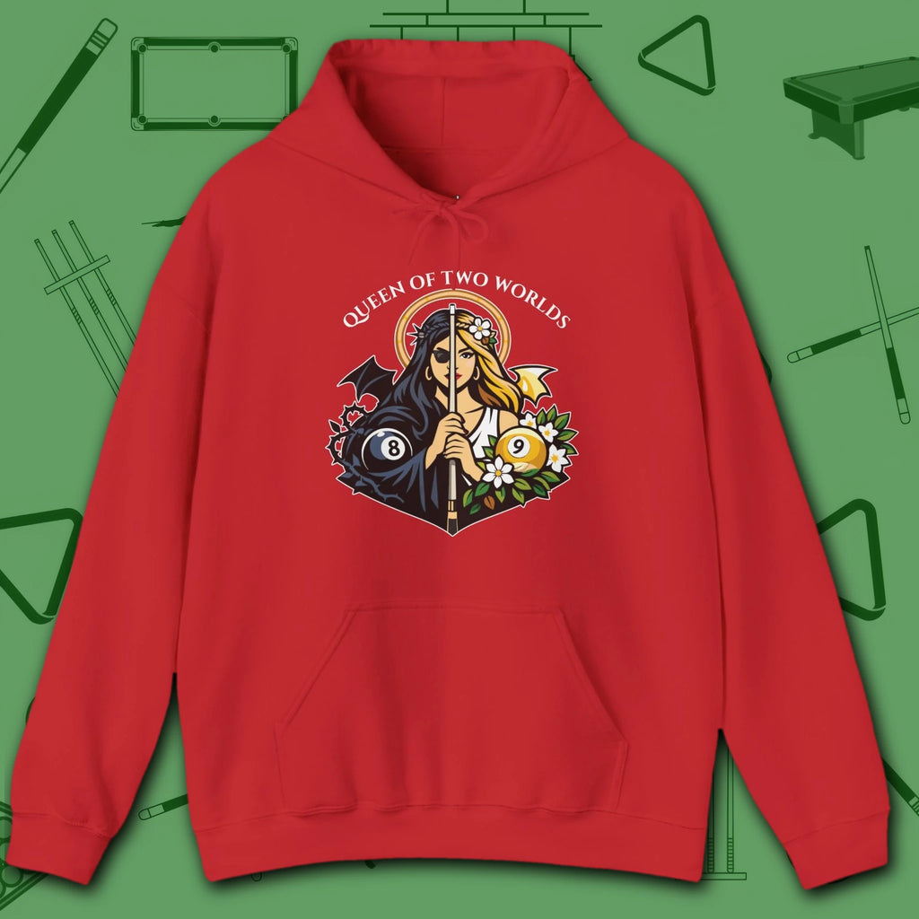 Queen of Two Worlds Billiards Hoodie, in Red color, pool hoodie, front view