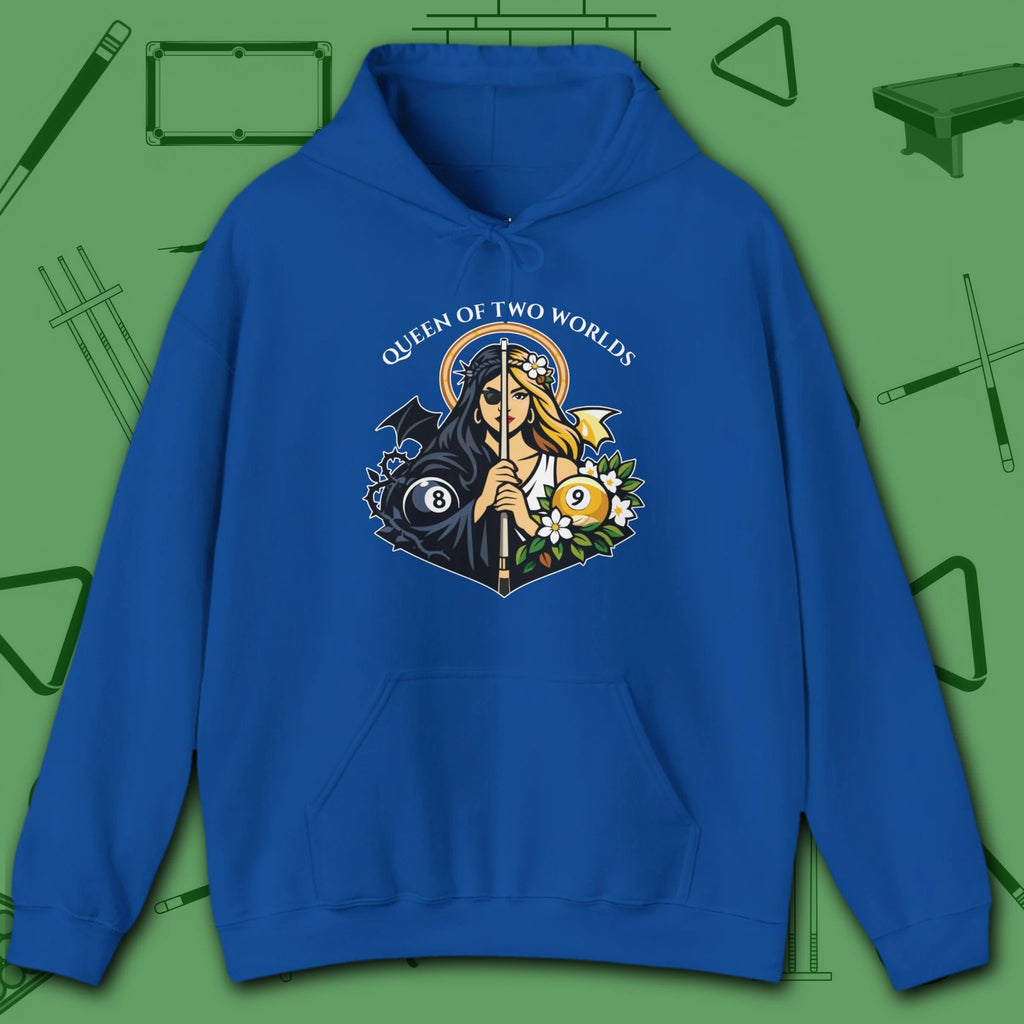 Queen of Two Worlds Billiards Hoodie, in Royal color, pool hoodie, front view