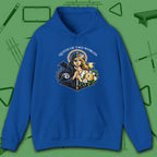 Queen of Two Worlds Billiards Hoodie, in Royal color, pool hoodie, front view