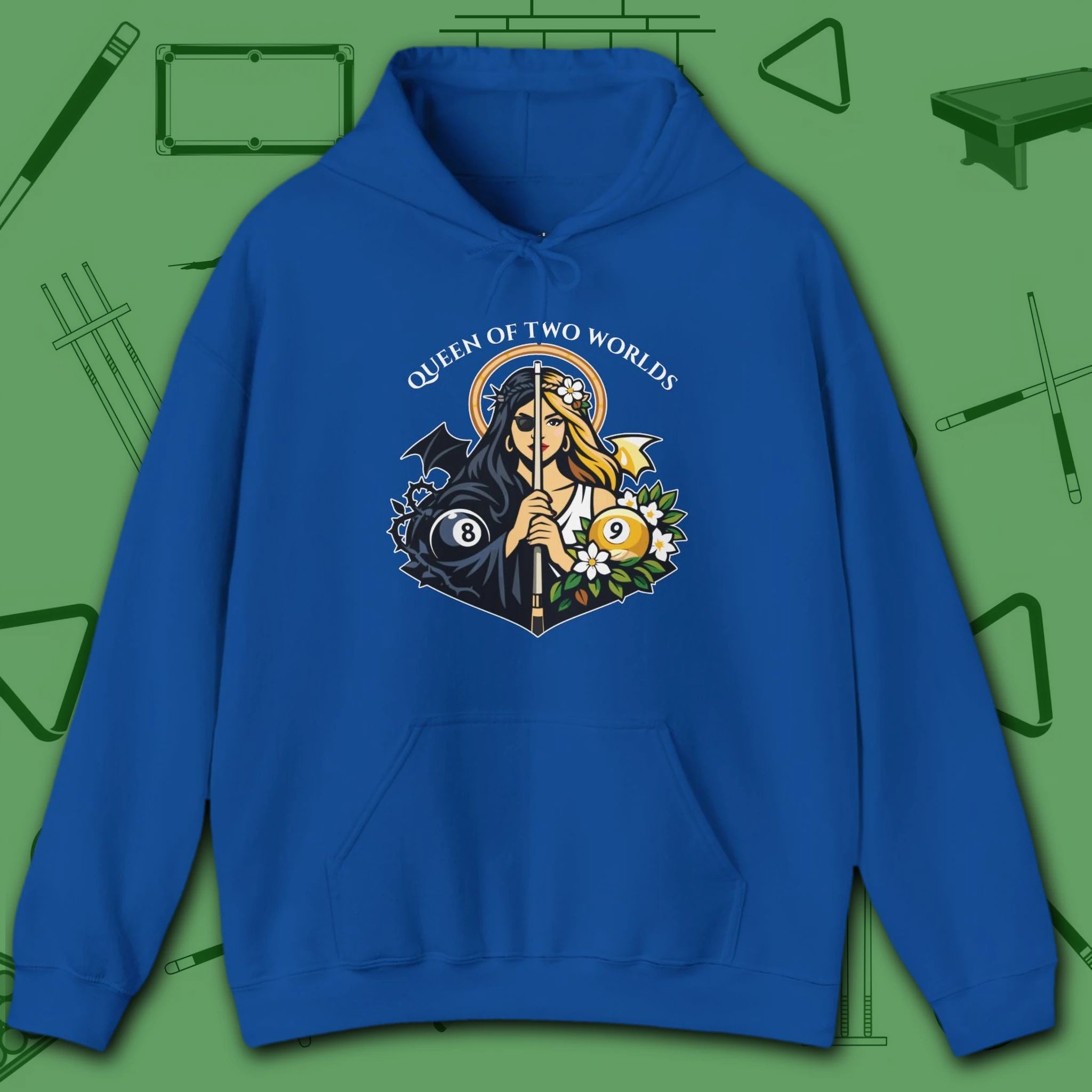 Queen of Two Worlds Billiards Hoodie, in Royal color, pool hoodie, front view