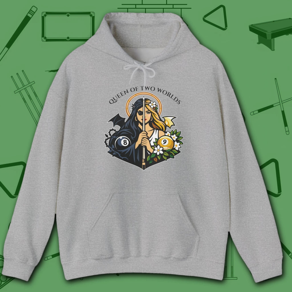 Queen of Two Worlds Billiards Hoodie, in Sport Grey color, pool hoodie, front view