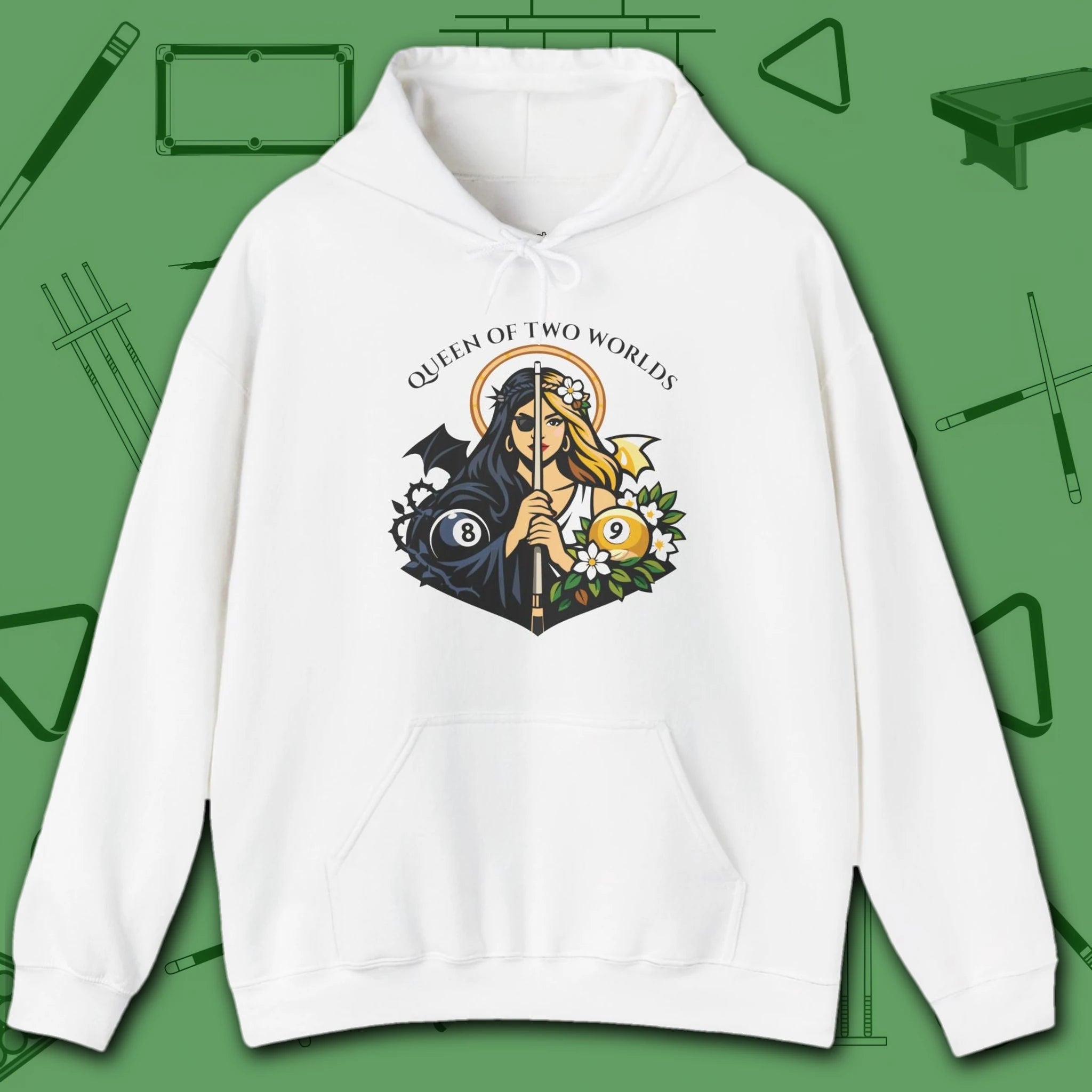 Queen of Two Worlds Billiards Hoodie, in White color, pool hoodie, front view