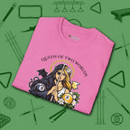 Queen of Two Worlds Billiards T-Shirt, in Azalea color, pool shirt, folded view