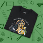 Queen of Two Worlds Billiards T-Shirt, in Black color, pool shirt, folded view