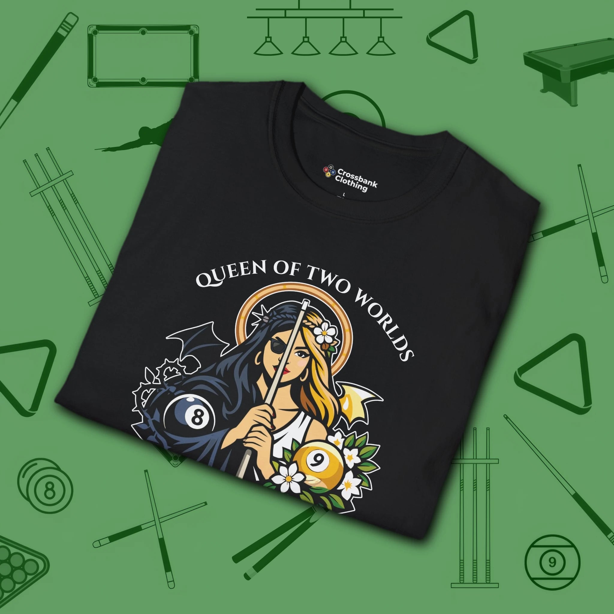 Queen of Two Worlds Billiards T-Shirt, in Black color, pool shirt, folded view