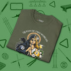 Queen of Two Worlds Billiards T-Shirt, in Military Green color, pool shirt, folded view