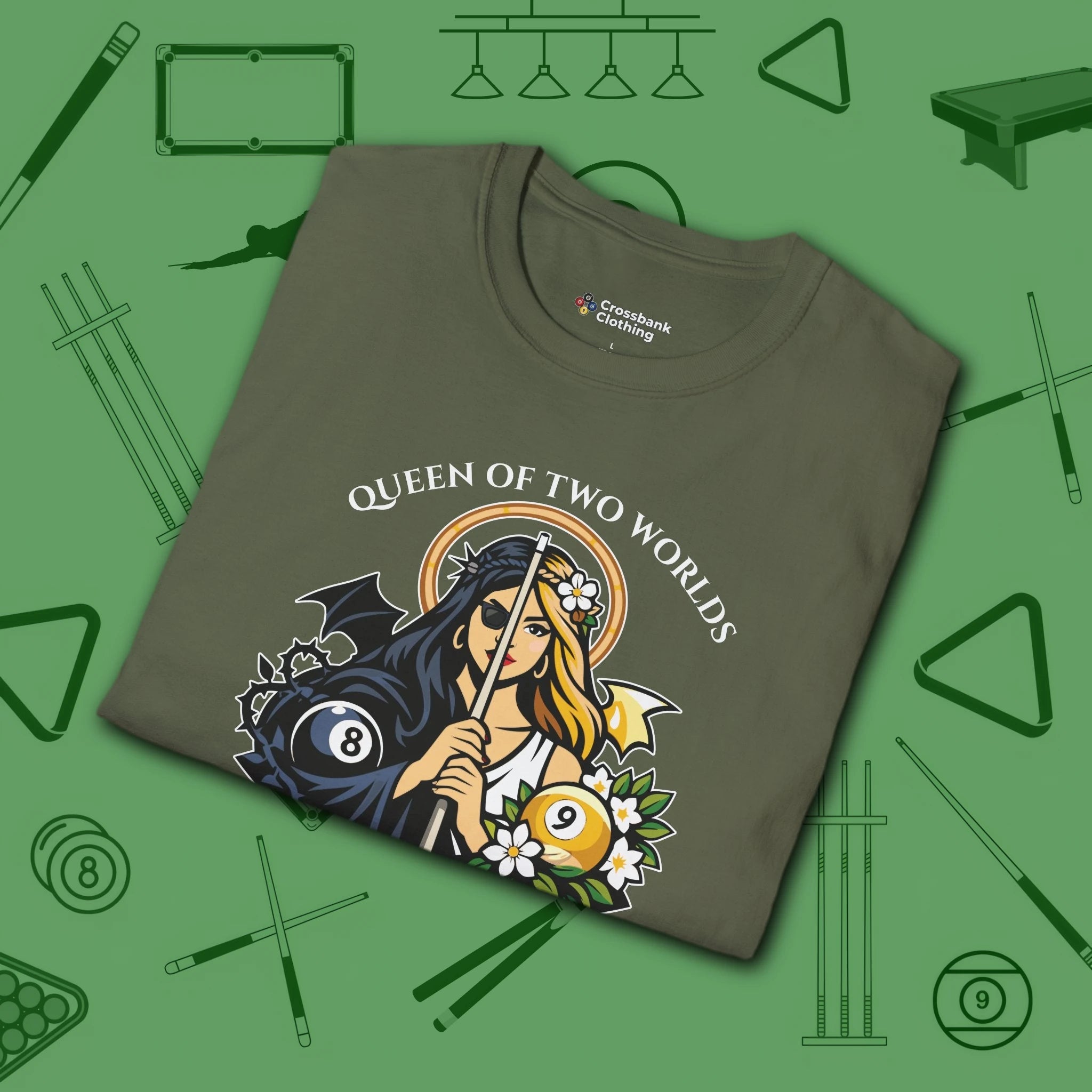 Queen of Two Worlds Billiards T-Shirt, in Military Green color, pool shirt, folded view