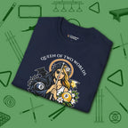 Queen of Two Worlds Billiards T-Shirt, in Navy color, pool shirt, folded view