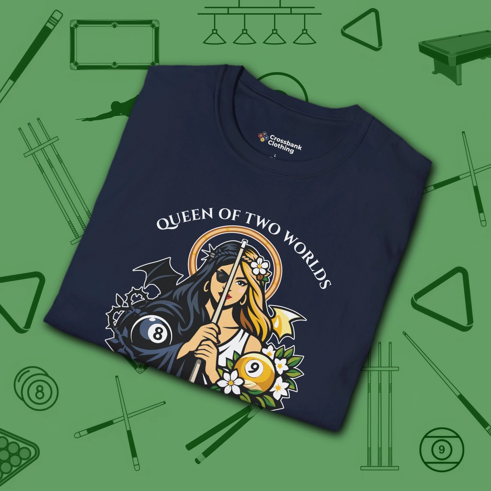 Queen of Two Worlds Billiards T-Shirt, in Navy color, pool shirt, folded view