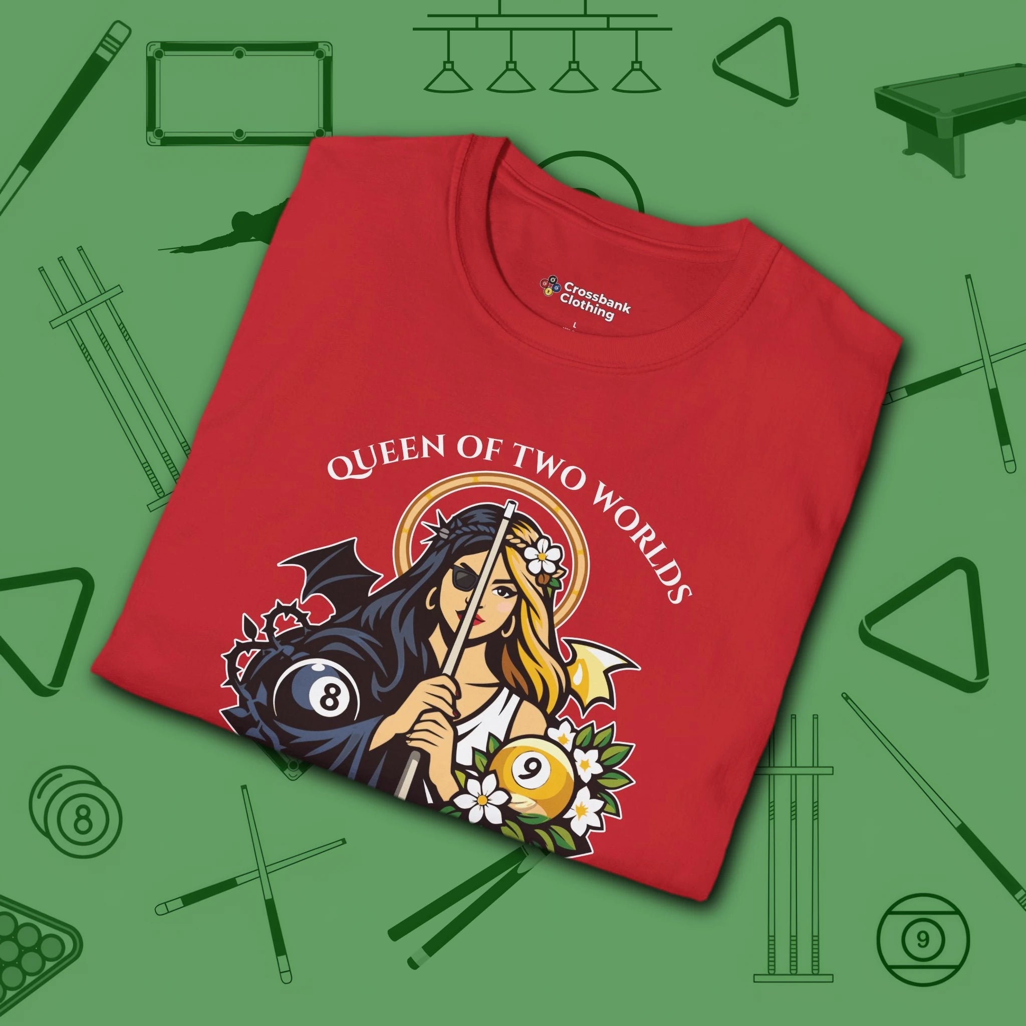 Queen of Two Worlds Billiards T-Shirt, in Red color, pool shirt, folded view