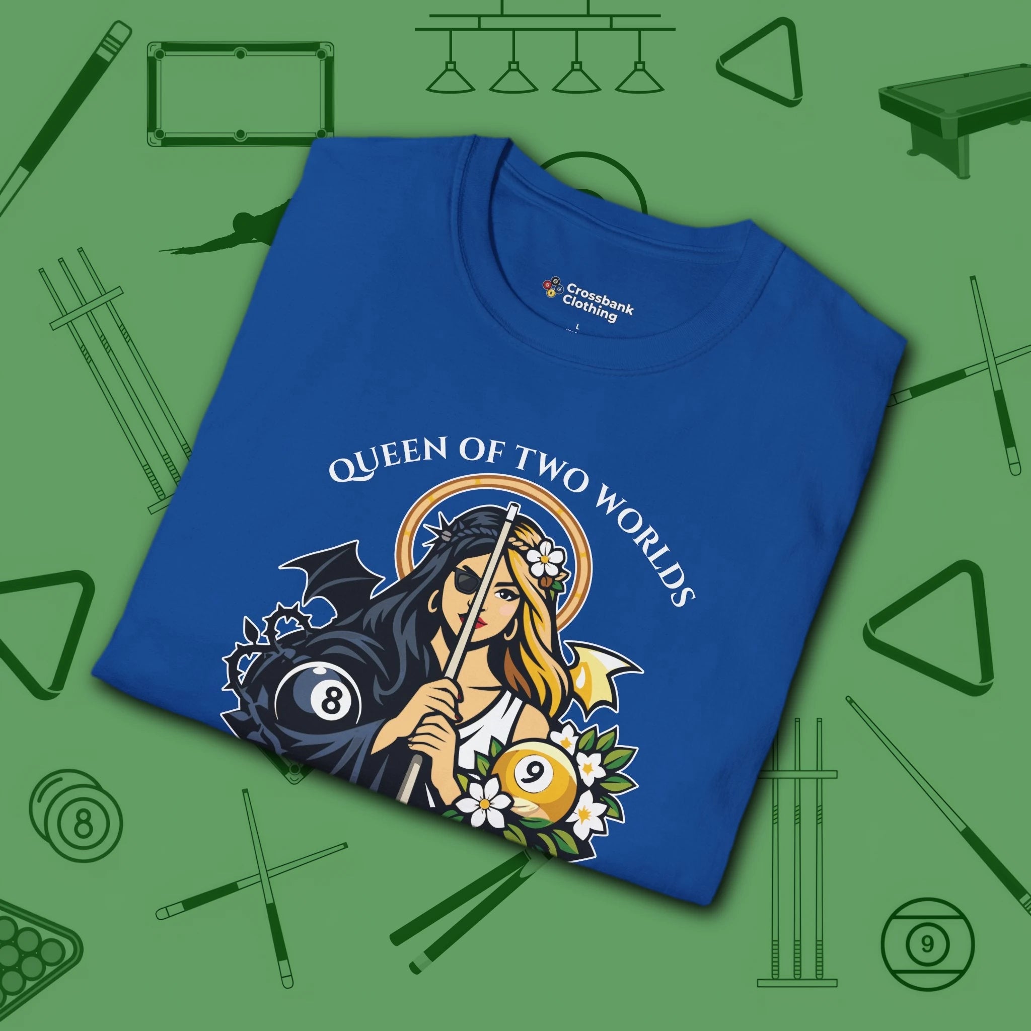 Queen of Two Worlds Billiards T-Shirt, in Royal color, pool shirt, folded view