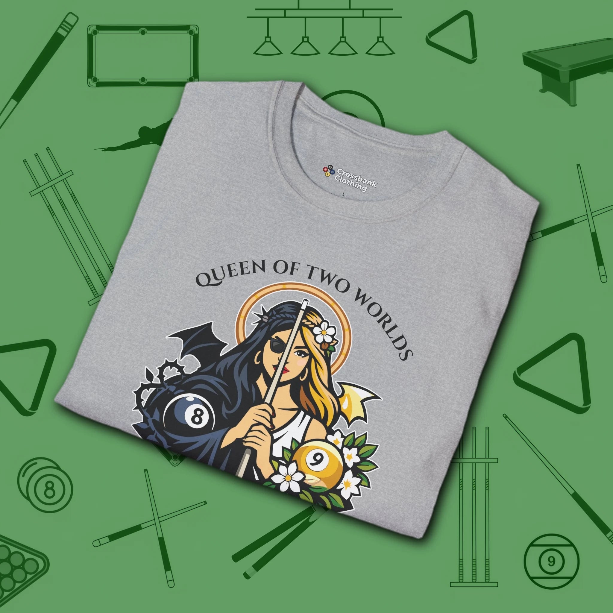 Queen of Two Worlds Billiards T-Shirt, in Sport Grey color, pool shirt, folded view