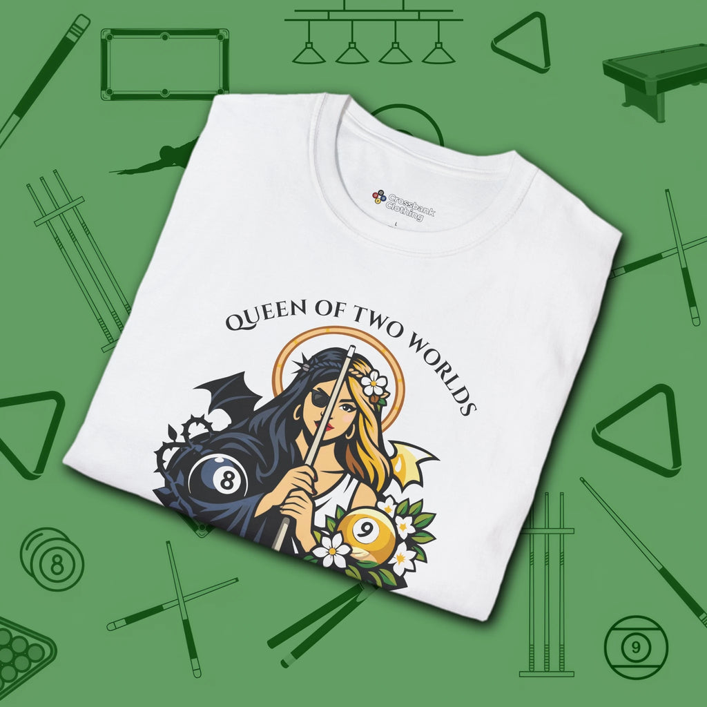 Queen of Two Worlds Billiards T-Shirt, in White color, pool shirt, folded view