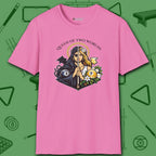 Queen of Two Worlds Billiards T-Shirt, in Azalea color, pool shirt, front view