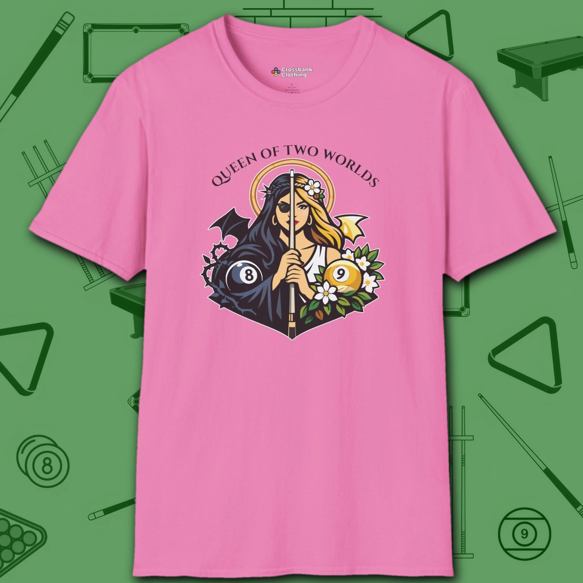 Queen of Two Worlds Billiards T-Shirt, in Azalea color, pool shirt, front view