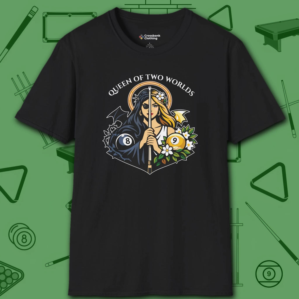 Queen of Two Worlds Billiards T-Shirt, in Black color, pool shirt, front view