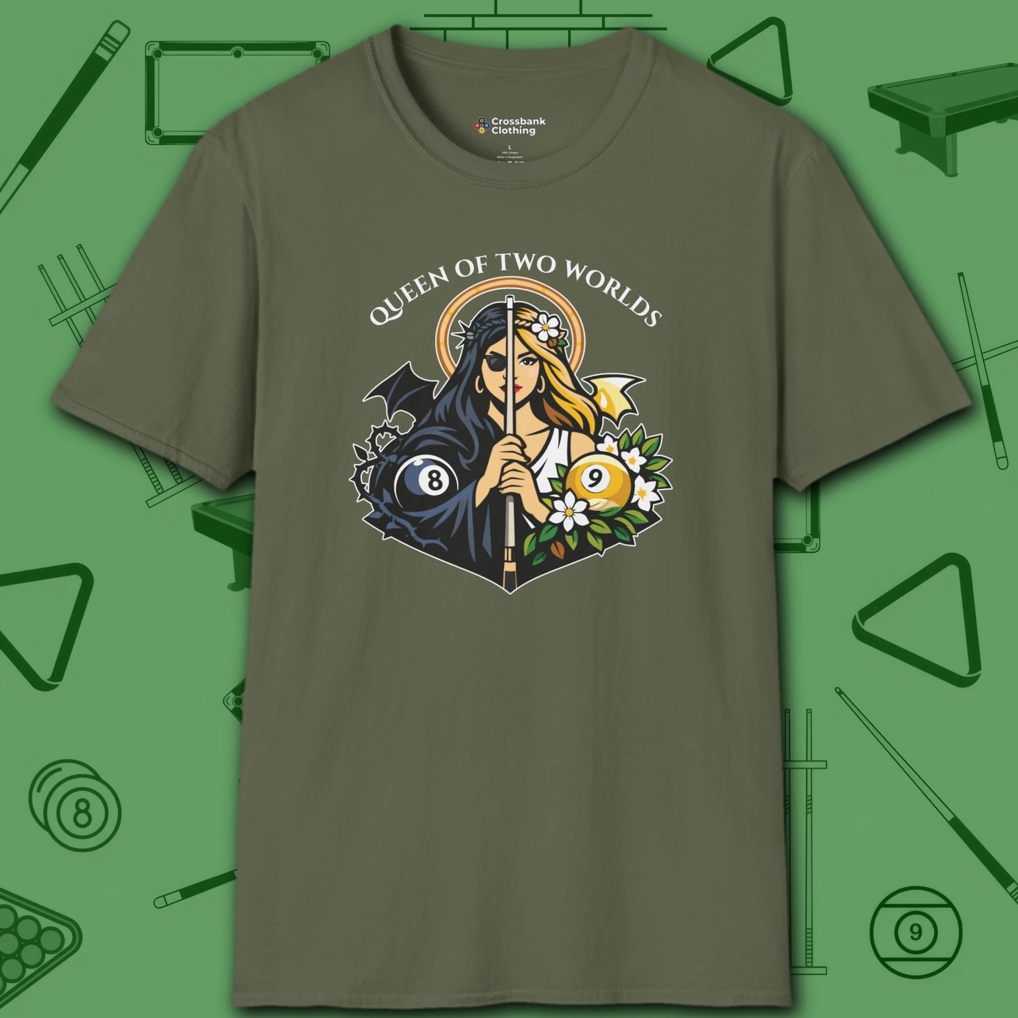 Queen of Two Worlds Billiards T-Shirt, in Military Green color, pool shirt, front view