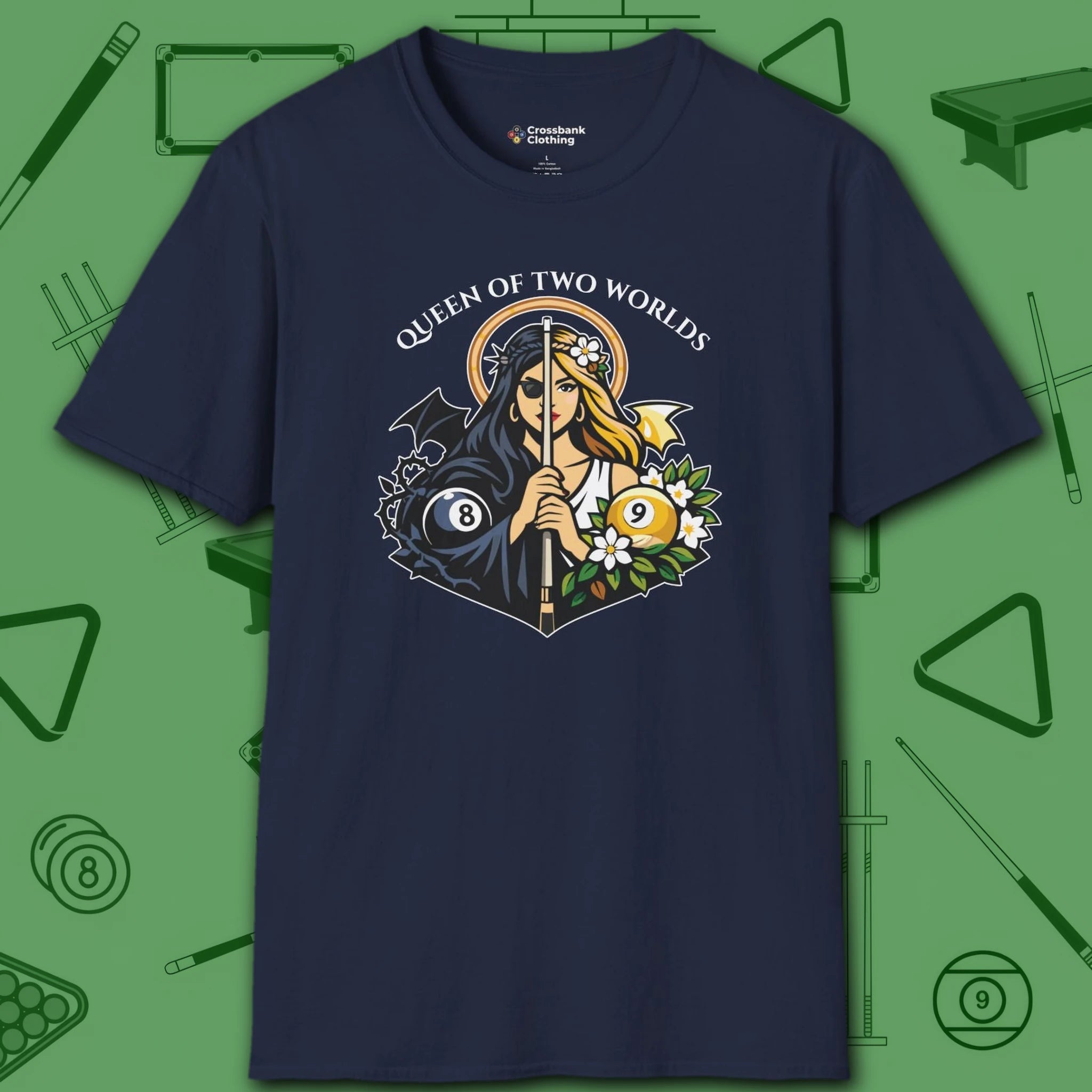 Queen of Two Worlds Billiards T-Shirt, in Navy color, pool shirt, front view
